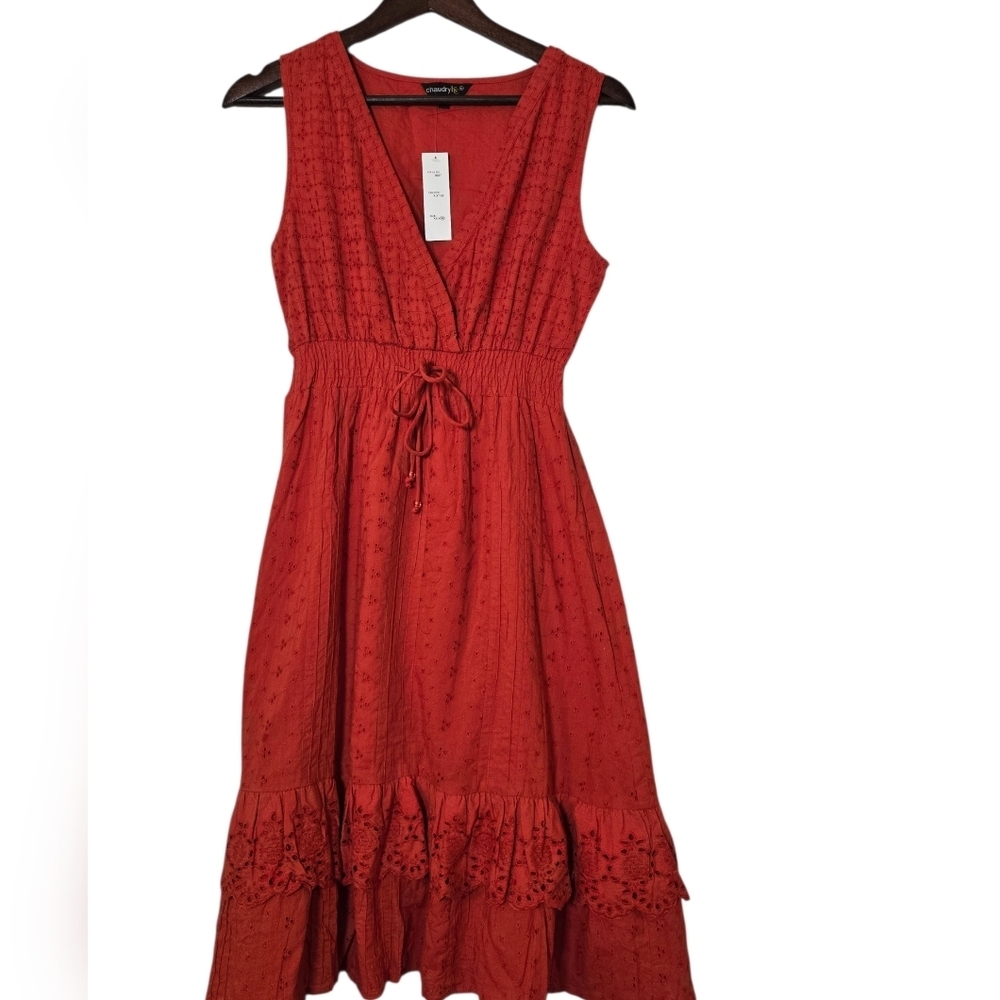 Chaudry Red V-Neck Midi Dress with Tie Waist Sz M - Picture 5 of 5
